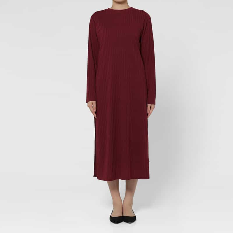BARNEYS NEW YORK ウォッシャブル ジャージークルーネック リブニットドレス WINE