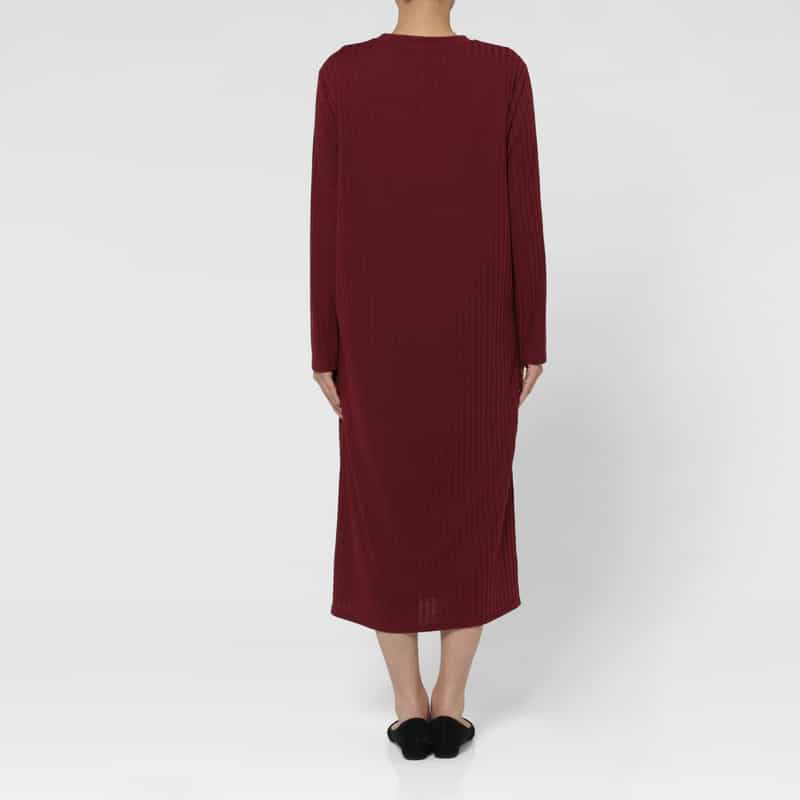 BARNEYS NEW YORK ウォッシャブル ジャージークルーネック リブニットドレス WINE