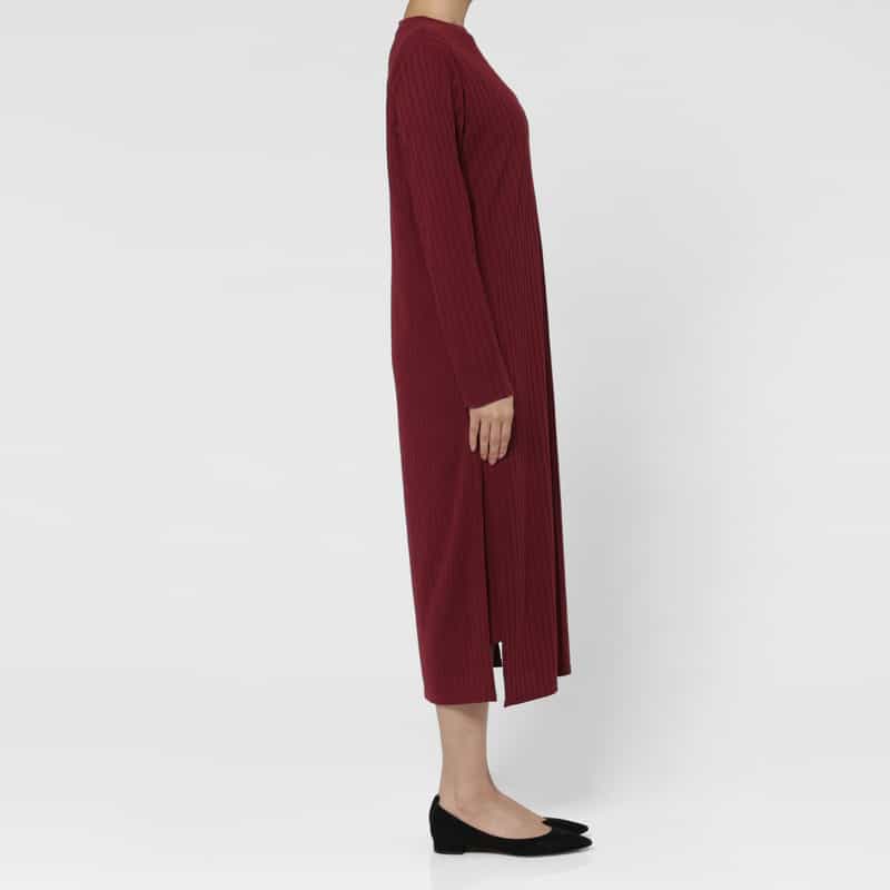 BARNEYS NEW YORK ウォッシャブル ジャージークルーネック リブニットドレス WINE