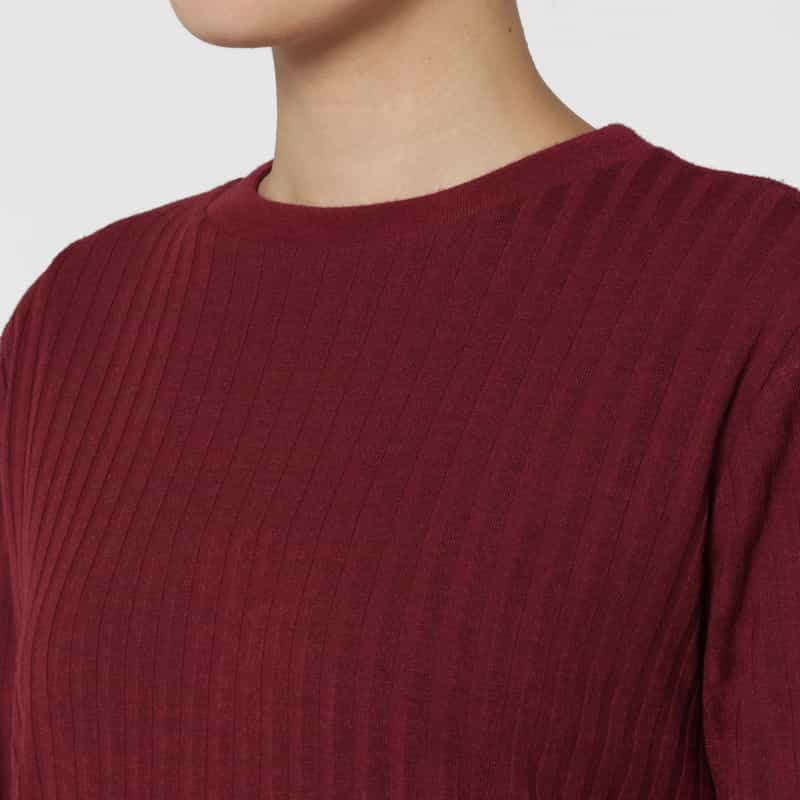 BARNEYS NEW YORK ウォッシャブル ジャージークルーネック リブニットドレス WINE