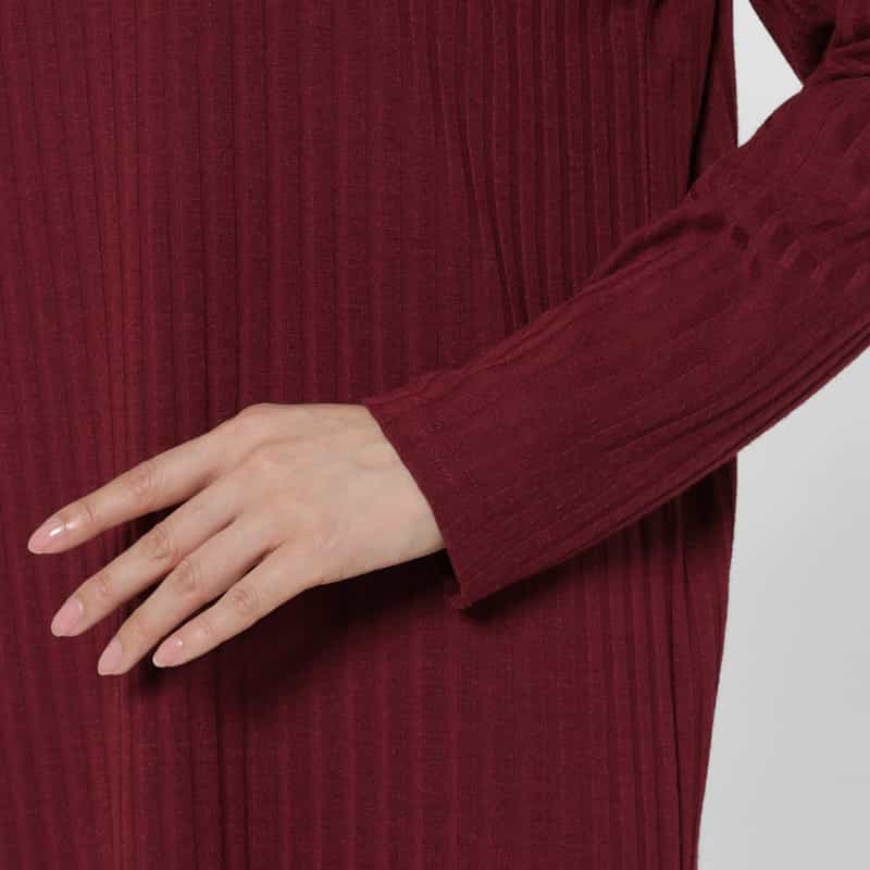 BARNEYS NEW YORK ウォッシャブル ジャージークルーネック リブニットドレス WINE