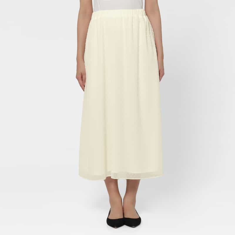 BARNEYS NEW YORK ウォッシャブル ドットカットジャカード素材フレアロングスカート IVORY