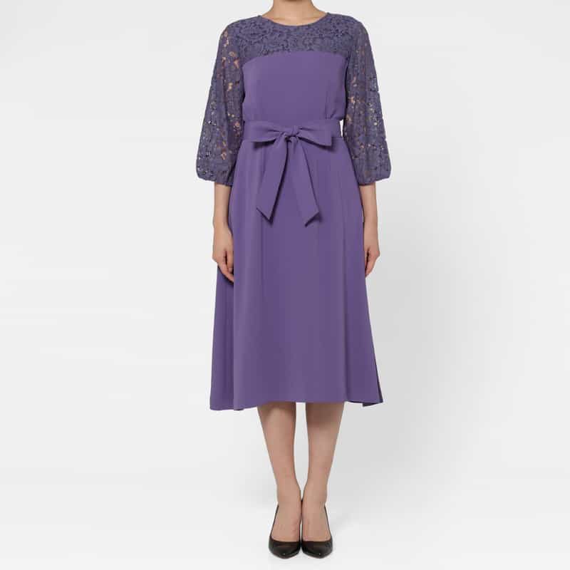 BARNEYS NEW YORK 異素材コンビネーション ウエストリボンドレス PURPLE