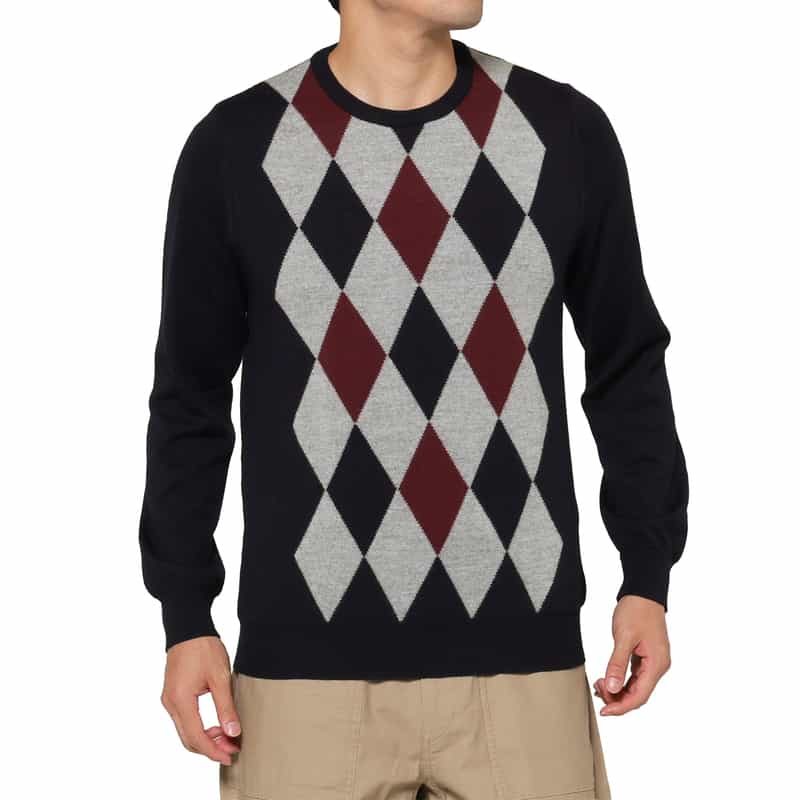 BARNEYS NEW YORK アーガイル柄クルーネックニットプルオーバー NAVY