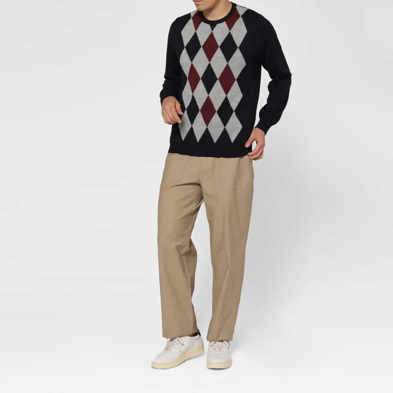 BARNEYS NEW YORK アーガイル柄クルーネックニットプルオーバー NAVY