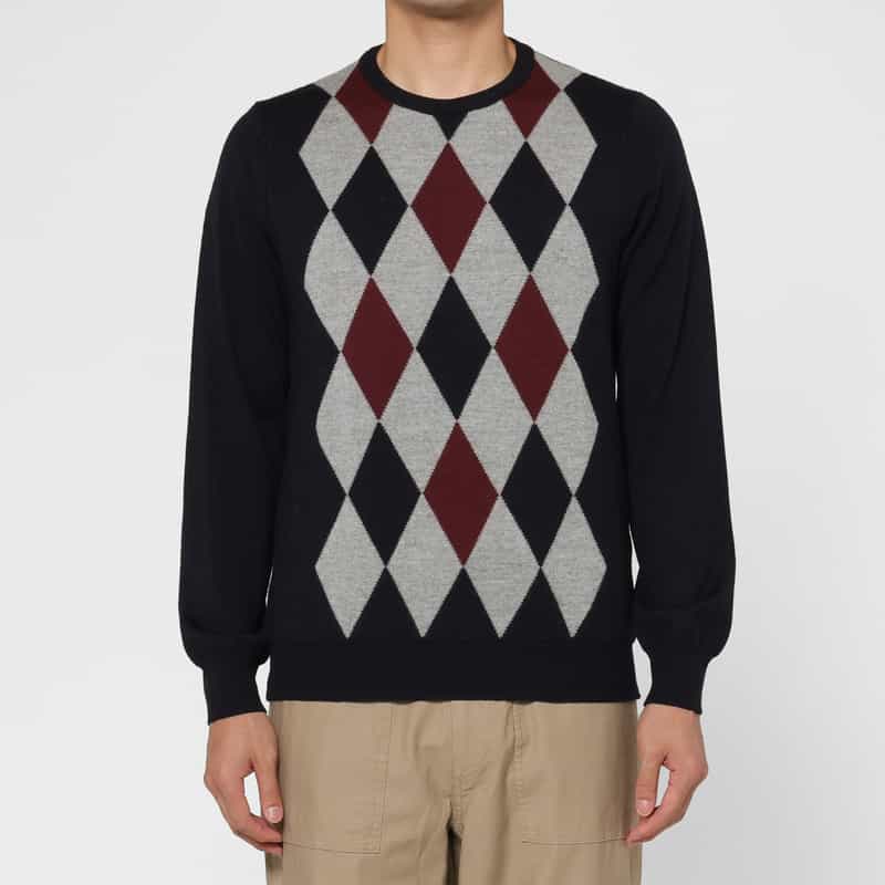 BARNEYS NEW YORK アーガイル柄クルーネックニットプルオーバー NAVY