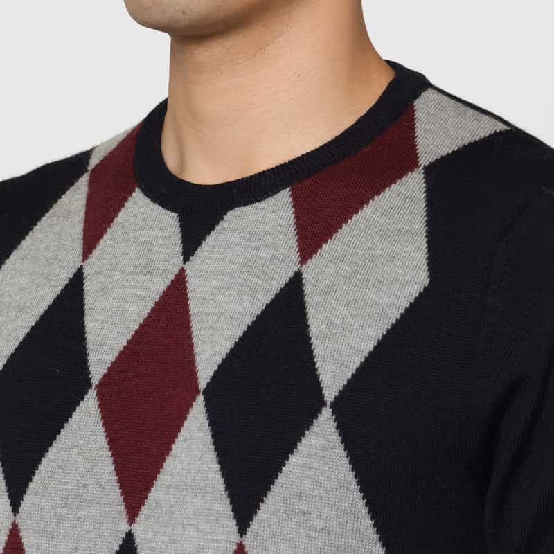 BARNEYS NEW YORK アーガイル柄クルーネックニットプルオーバー NAVY