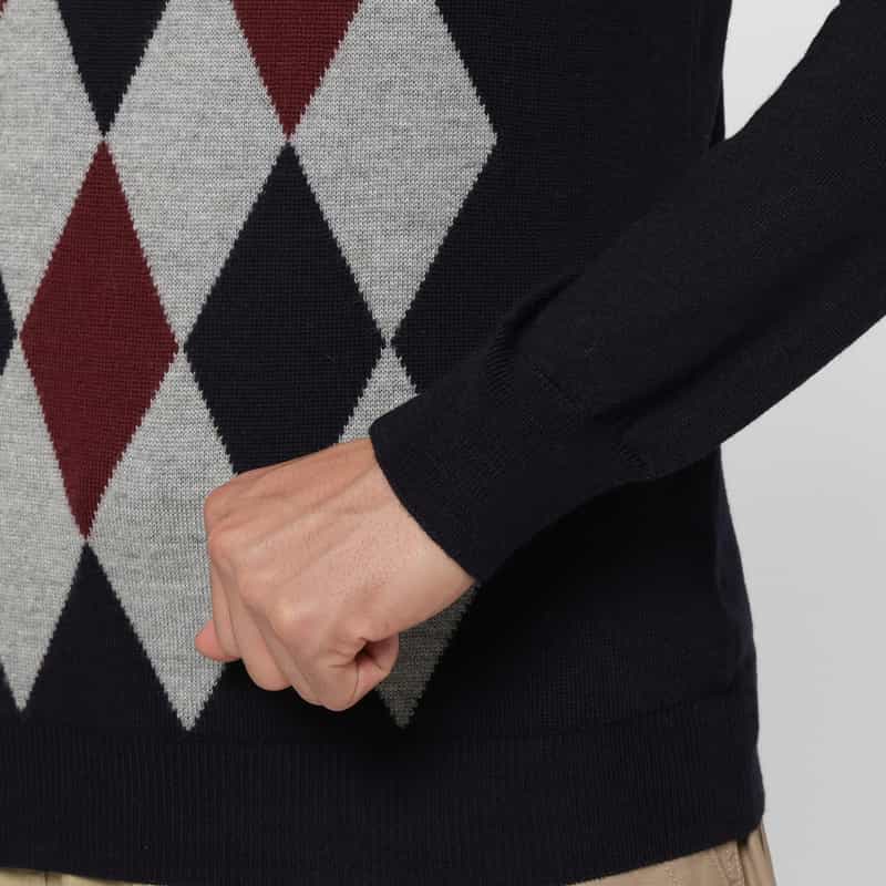 BARNEYS NEW YORK アーガイル柄クルーネックニットプルオーバー NAVY