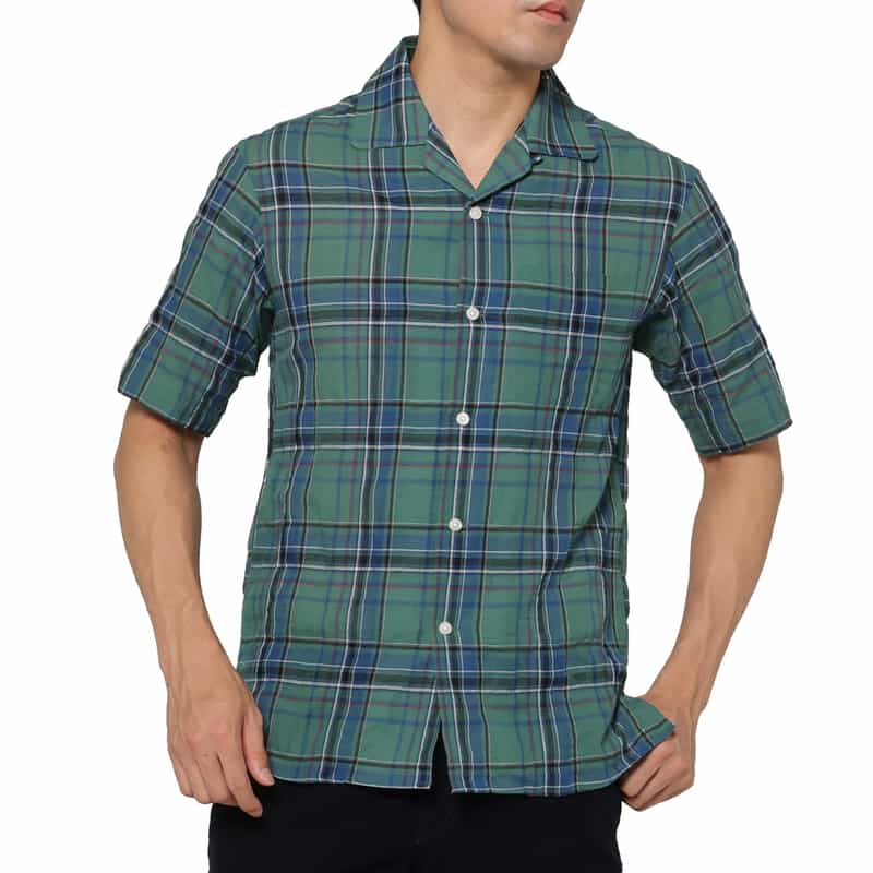 マドラスチェック柄オープンカラーシャツ