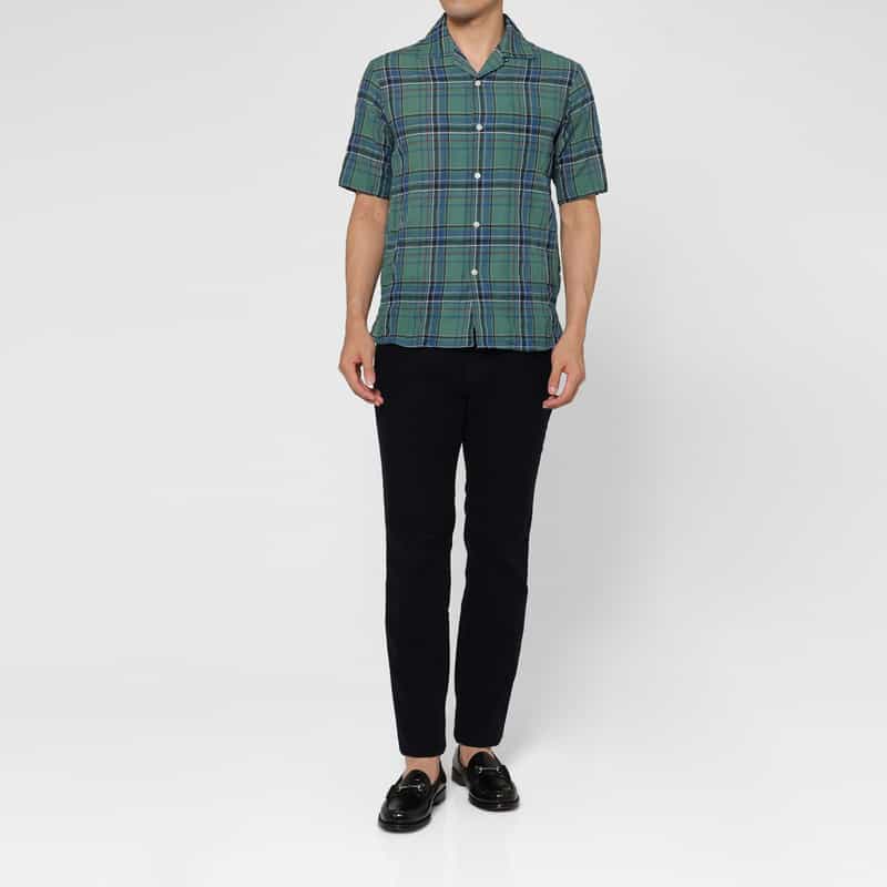 BARNEYS NEW YORK マドラスチェック柄オープンカラーシャツ GREEN
