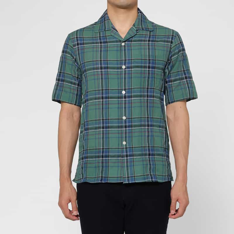 BARNEYS NEW YORK マドラスチェック柄オープンカラーシャツ GREEN