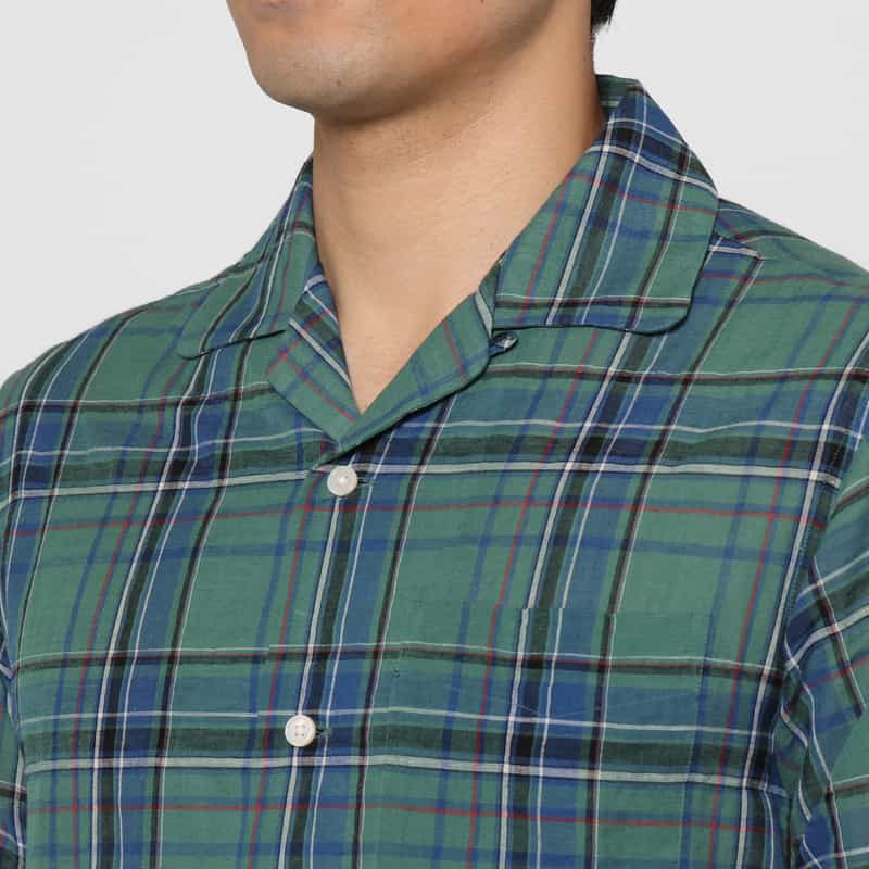 BARNEYS NEW YORK マドラスチェック柄オープンカラーシャツ GREEN