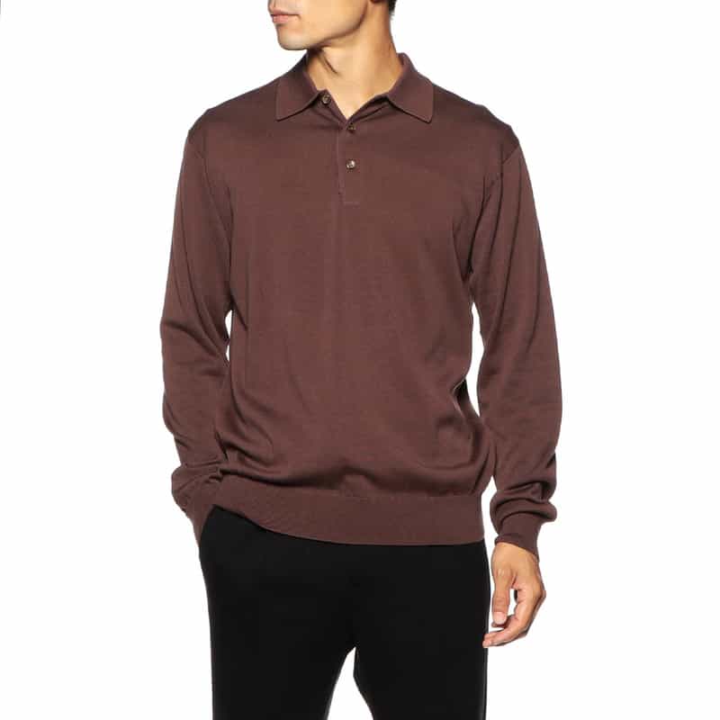 BARNEYS NEW YORK 海島綿長袖ニットポロシャツ BROWN