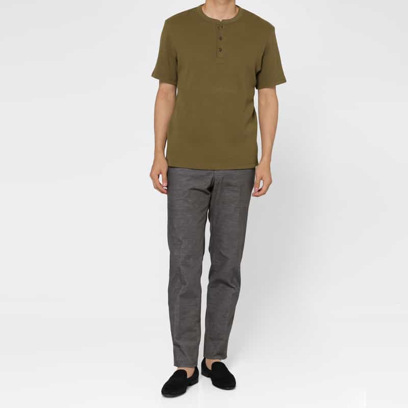 BARNEYS NEW YORK コットンワッフル素材ヘンリーネックカットソー KHAKI
