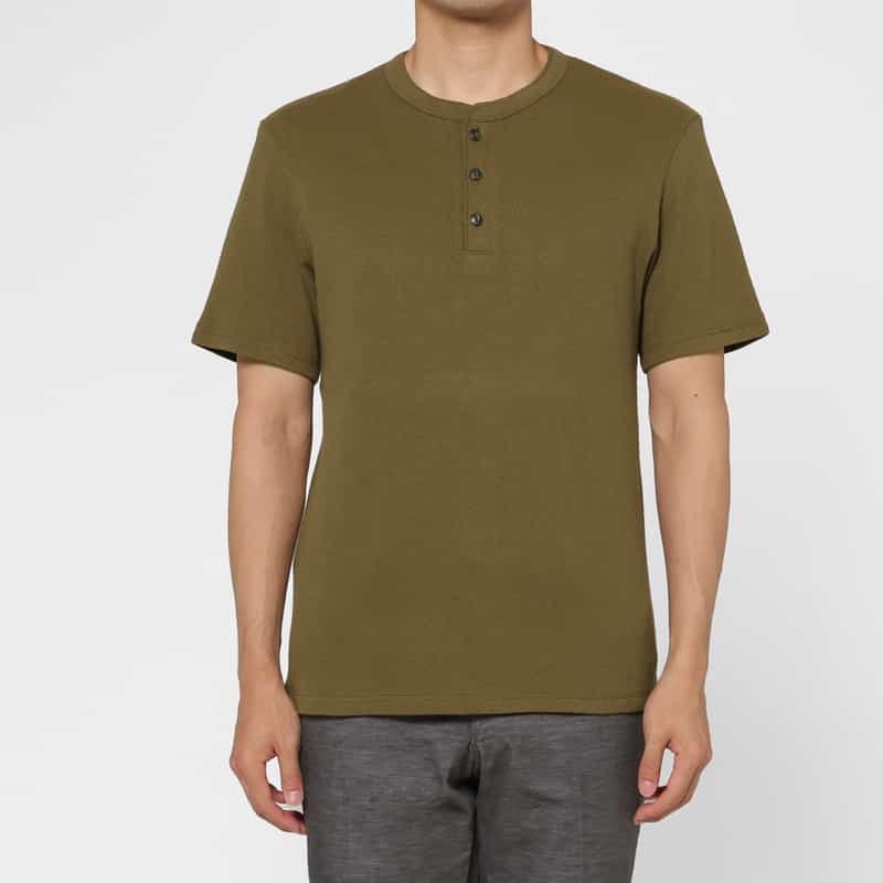 BARNEYS NEW YORK コットンワッフル素材ヘンリーネックカットソー KHAKI