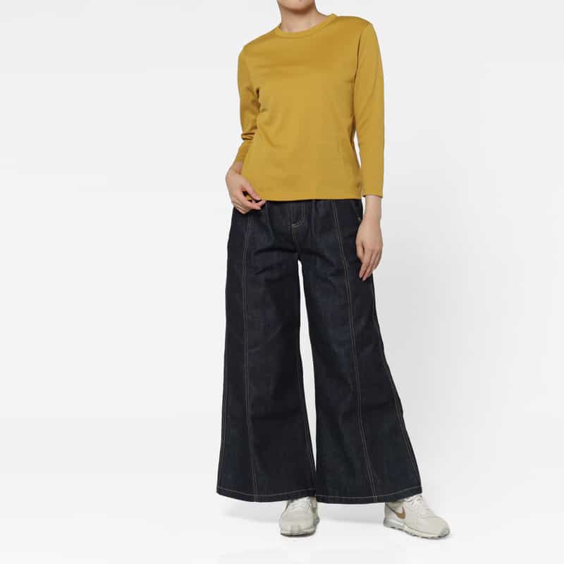 BARNEYS NEW YORK ウォッシャブル 7分袖リブカットソー MUSTARD