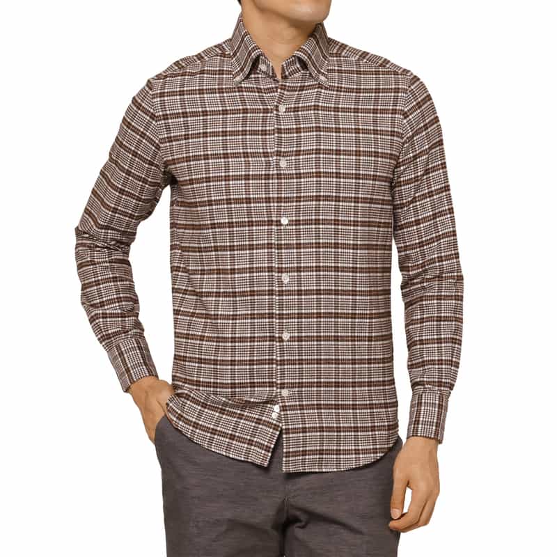 BARNEYS NEW YORK グレンチェック柄フランネルカジュアルシャツ BROWN