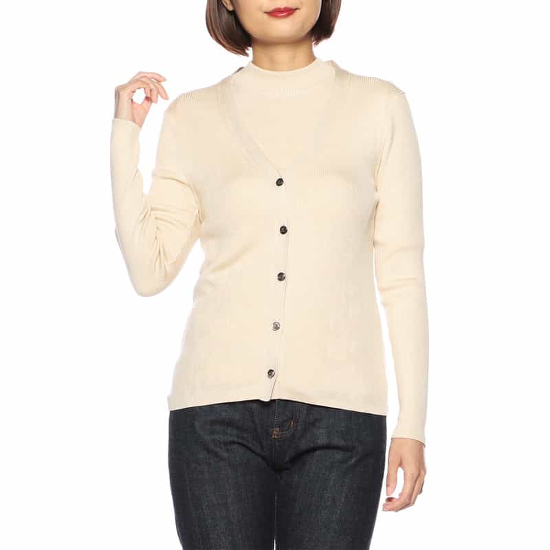 BARNEYS NEW YORK ウォッシャブルシルクVネックリブニットカーディガン IVORY