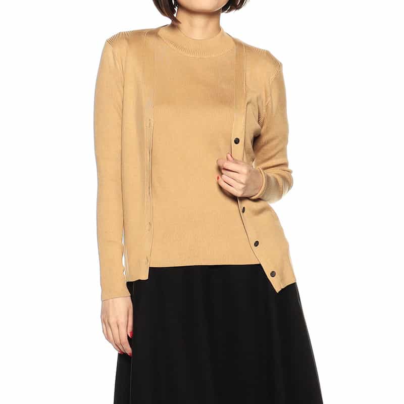 BARNEYS NEW YORK ウォッシャブルシルクVネックリブニットカーディガン CAMEL