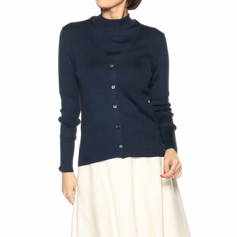 BARNEYS NEW YORK ウォッシャブルシルクVネックリブニットカーディガン NAVY