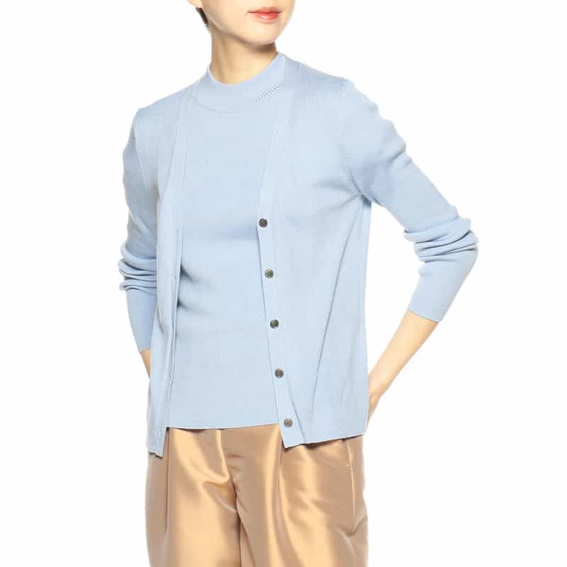 BARNEYS NEW YORK ウォッシャブルシルクVネックリブニットカーディガン LIGHT BLUE