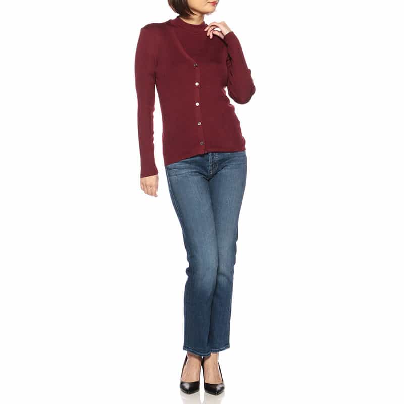BARNEYS NEW YORK ウォッシャブルシルクVネックリブニットカーディガン WINE