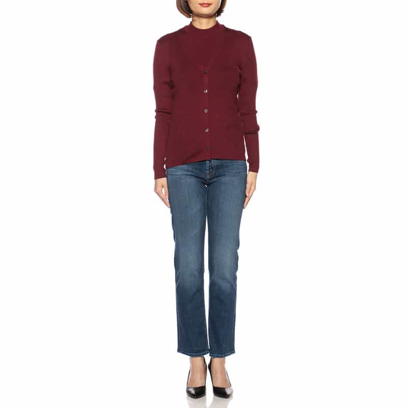 BARNEYS NEW YORK ウォッシャブルシルクVネックリブニットカーディガン WINE