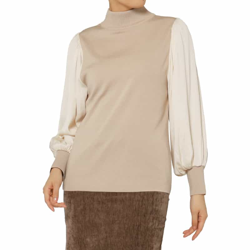 BARNEYS NEW YORK 異素材コンビネーション ハイネックニットプルオーバー BEIGE