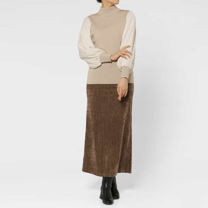 BARNEYS NEW YORK 異素材コンビネーション ハイネックニットプルオーバー BEIGE