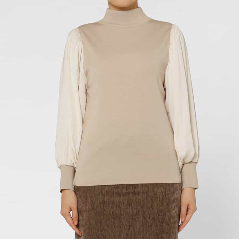 BARNEYS NEW YORK 異素材コンビネーション ハイネックニットプルオーバー BEIGE