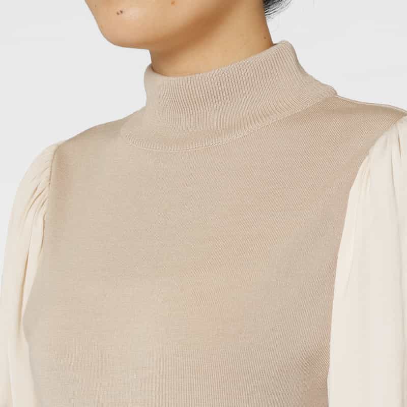 BARNEYS NEW YORK 異素材コンビネーション ハイネックニットプルオーバー BEIGE