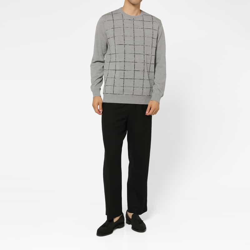 BARNEYS NEW YORK ウインドウペンチェック柄クルーネックニットプルオーバー GRAY