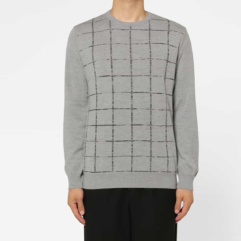BARNEYS NEW YORK ウインドウペンチェック柄クルーネックニットプルオーバー GRAY