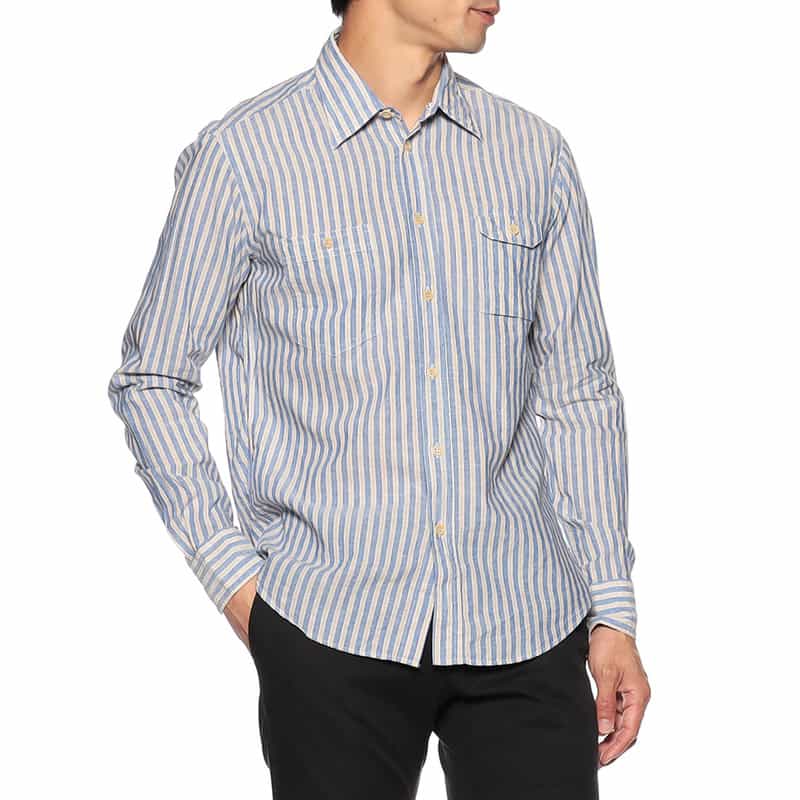 OSVALDO TRUCCHI コットン×リネン ストライプ柄シャツ BLUE