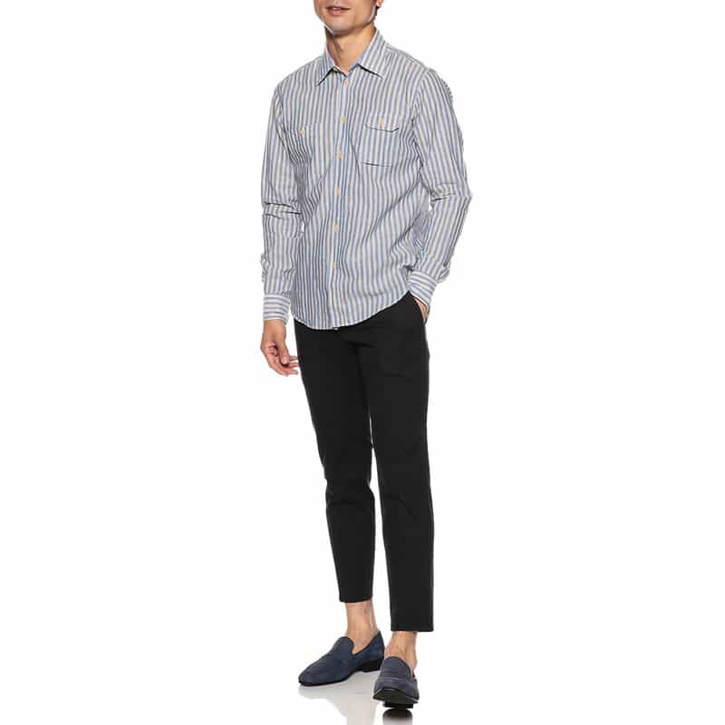 OSVALDO TRUCCHI コットン×リネン ストライプ柄シャツ BLUE