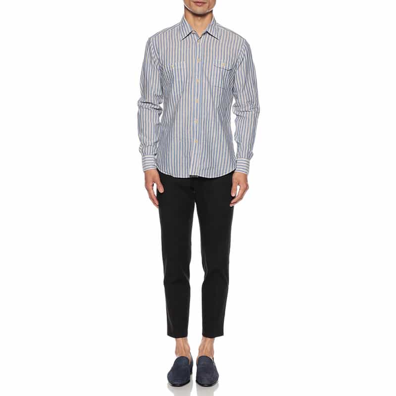 OSVALDO TRUCCHI コットン×リネン ストライプ柄シャツ BLUE