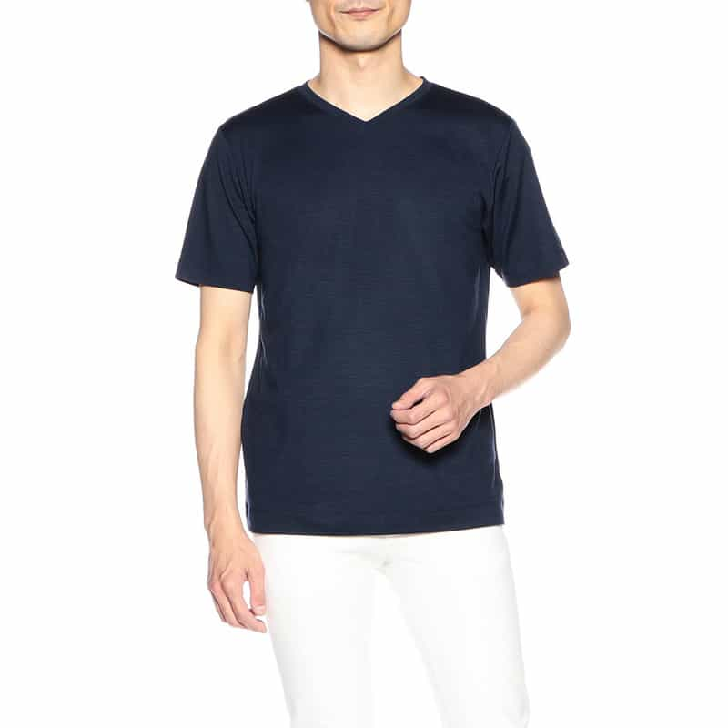 BARNEYS NEW YORK ウォッシャブルウールVネックTシャツ NAVY