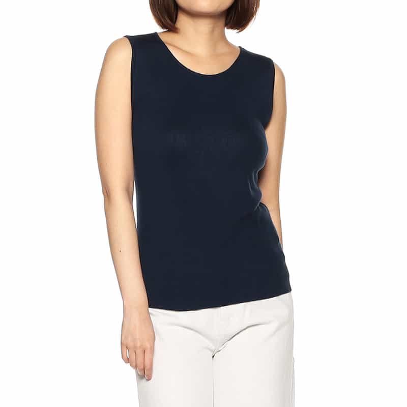 BARNEYS NEW YORK ウォッシャブルシルクリブノースリーブニットプルオーバー NAVY