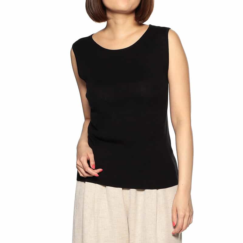 BARNEYS NEW YORK ウォッシャブルシルクリブノースリーブニットプルオーバー BLACK