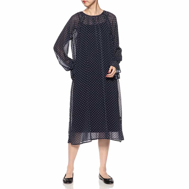 BARNEYS NEW YORK ウォッシャブルドット×ジオメトリックプリントAラインドレス （インナードレス付き） NAVY