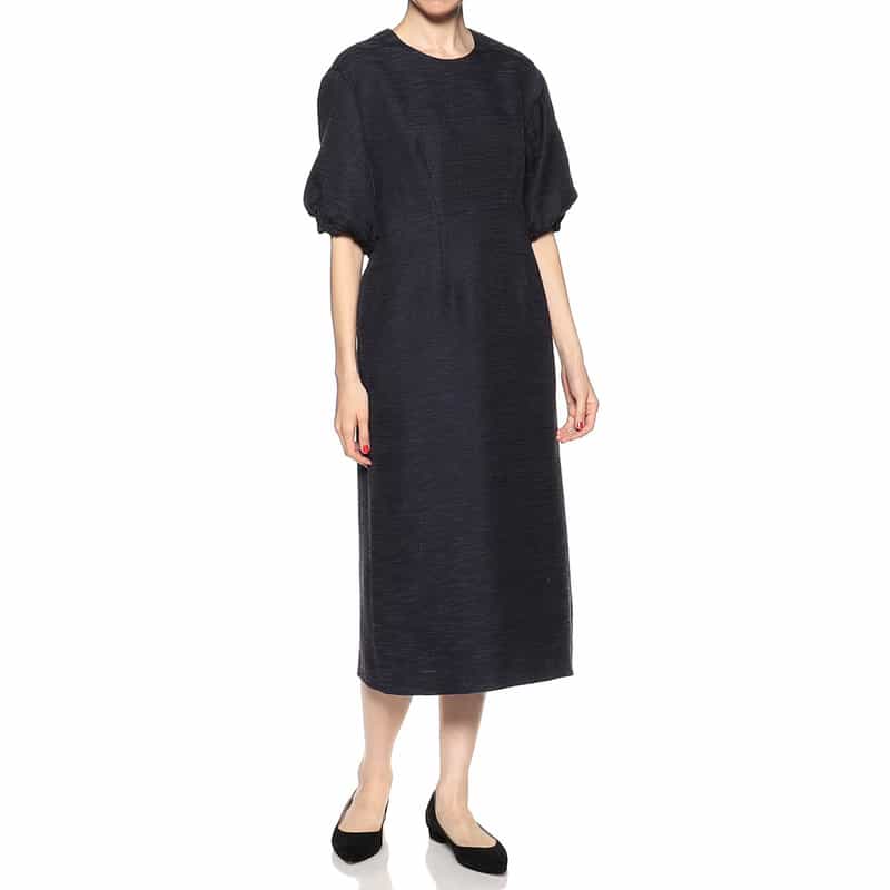 BARNEYS NEW YORK ミックスツィードバルーンスリーブドレス NAVY