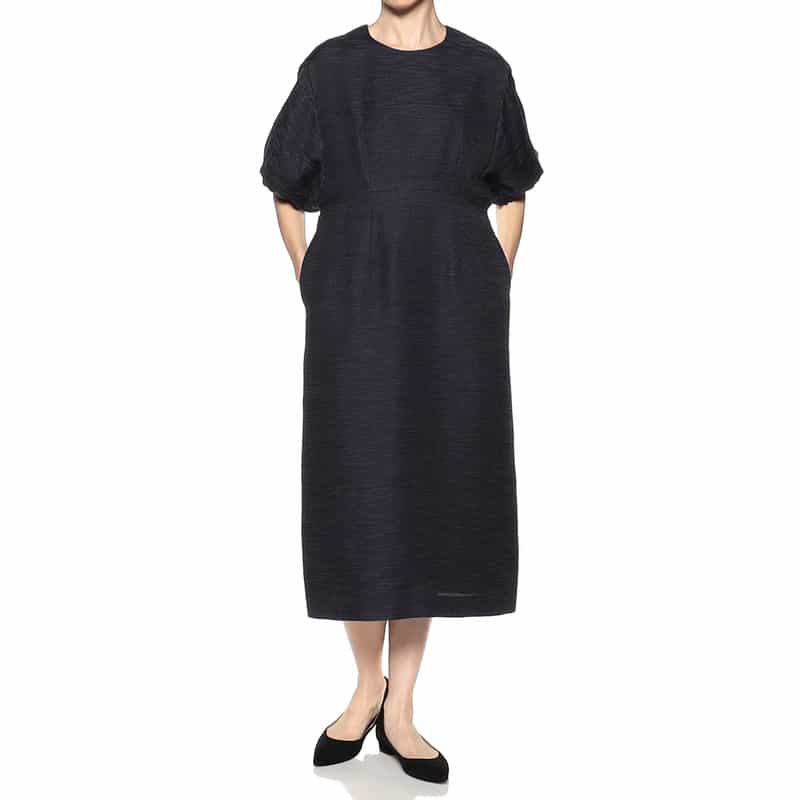 BARNEYS NEW YORK ミックスツィードバルーンスリーブドレス NAVY