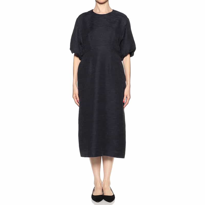 BARNEYS NEW YORK ミックスツィードバルーンスリーブドレス NAVY