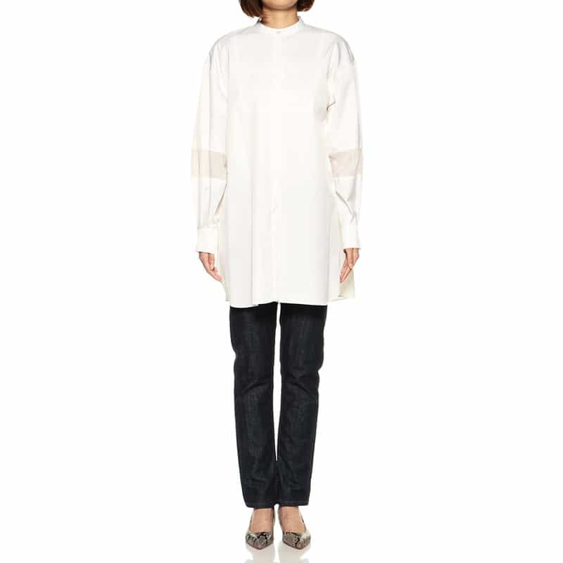 BARNEYS NEW YORK ウォッシャブル切替スリーブシャツ WHITE