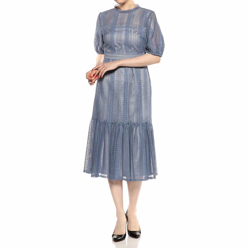 BARNEYS NEW YORK ウォッシャブルレースストライプゲストドレス BLUE