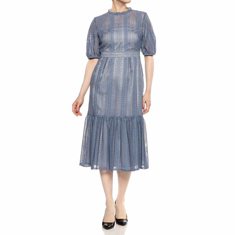 BARNEYS NEW YORK ウォッシャブルレースストライプゲストドレス BLUE