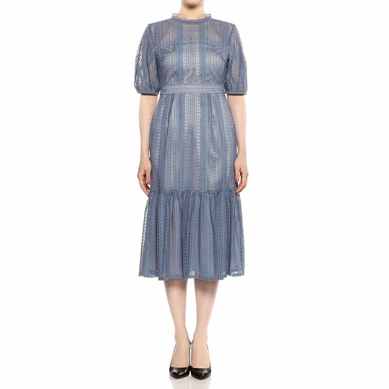 BARNEYS NEW YORK ウォッシャブルレースストライプゲストドレス BLUE