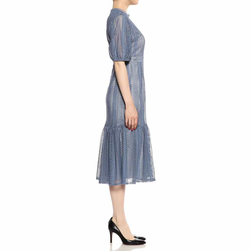 BARNEYS NEW YORK ウォッシャブルレースストライプゲストドレス BLUE