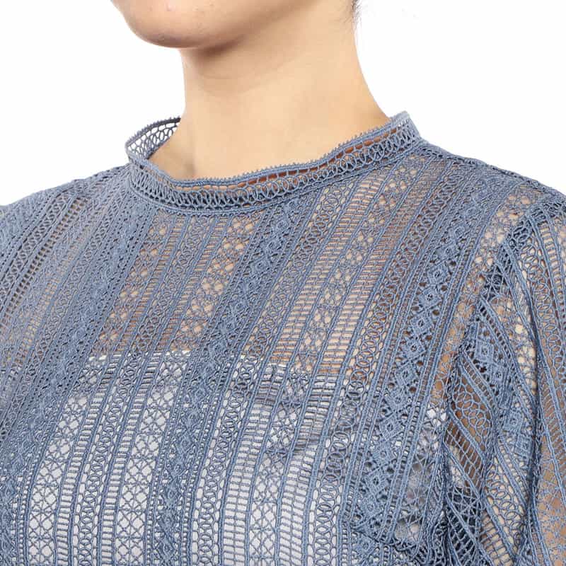 BARNEYS NEW YORK ウォッシャブルレースストライプゲストドレス BLUE