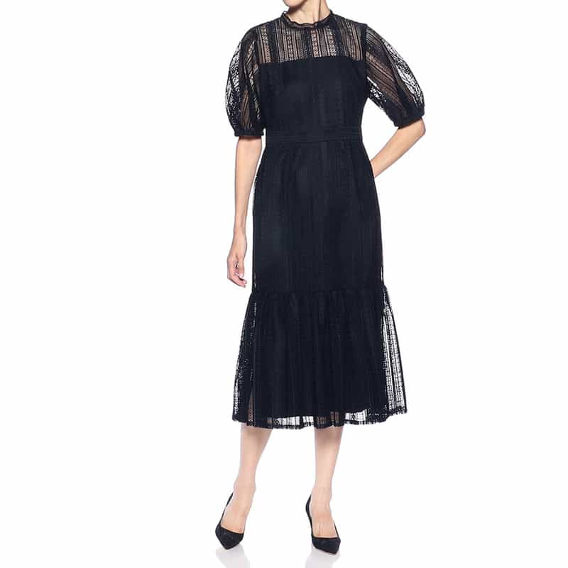 BARNEYS NEW YORK ウォッシャブルレースストライプゲストドレス NAVY